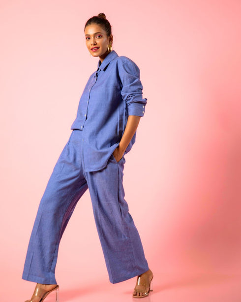 Cotton Two Piece Denim Blue Coord Set