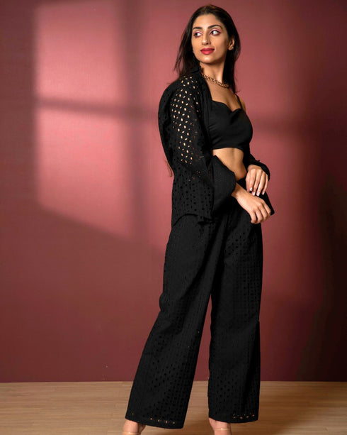 Schiffli Cotton Three Piece Co-ord Set With Shirt