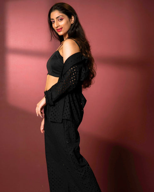 Schiffli Cotton Three Piece Co-ord Set With Shirt