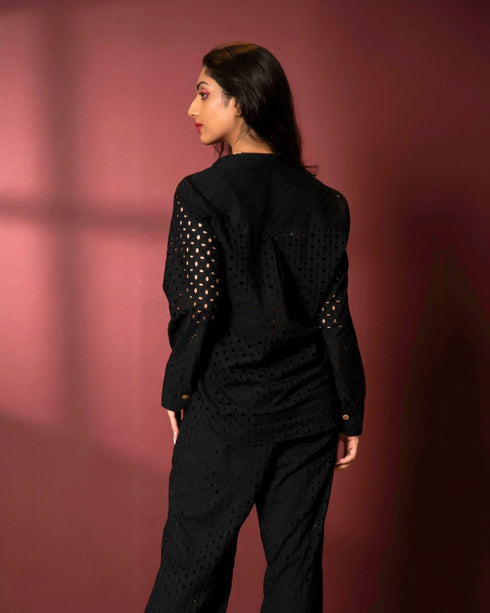 Schiffli Cotton Three Piece Co-ord Set With Shirt