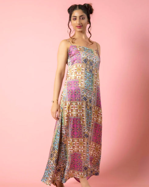 Printed Tie-Back Satin Maxi Dress