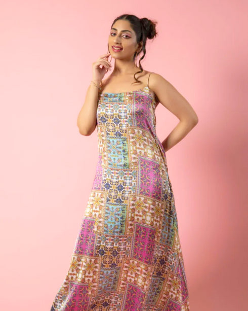 Printed Tie-Back Satin Maxi Dress