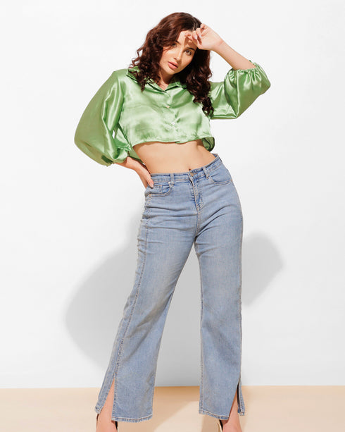 High-Shine Satin Cropped Shirt for Women