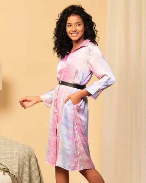 Satin Crepe Collar Buttoned Down Shirt Dress with Belt