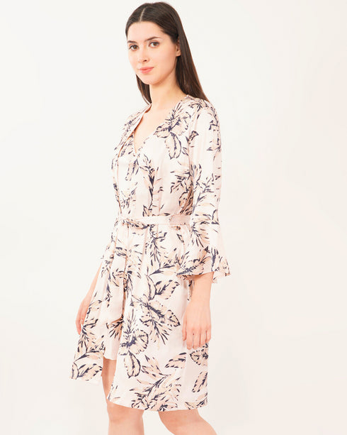 Satin Cowl Neck Drawstring With Robe Midi Dress