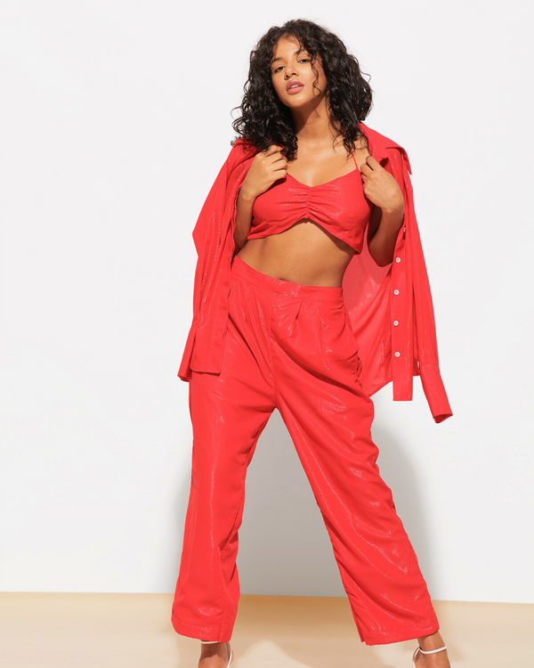 3 Piece Shimmer Co-ord Set – Bralette, Shirt & Pants Combo