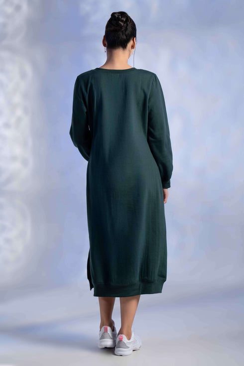 Women's Knitted Cotton Woolen Rib-Cuff Straight Midi Dress