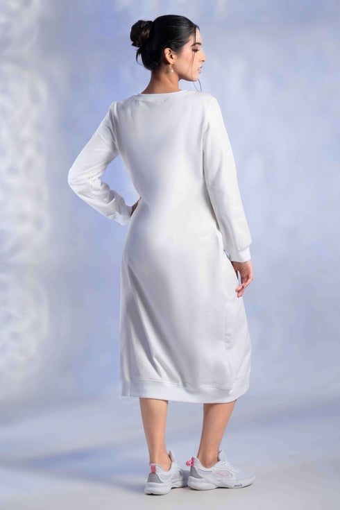 Women's Knitted Cotton Woolen Rib-Cuff Straight Midi Dress