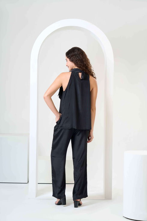 Halter Neck Satin Top with Flared Trousers Co-Ord Sets