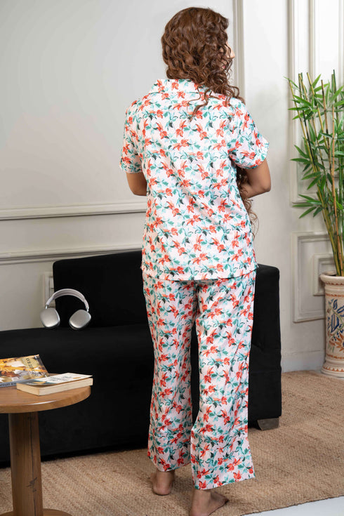 Women Satin Floral Printed Night Suit