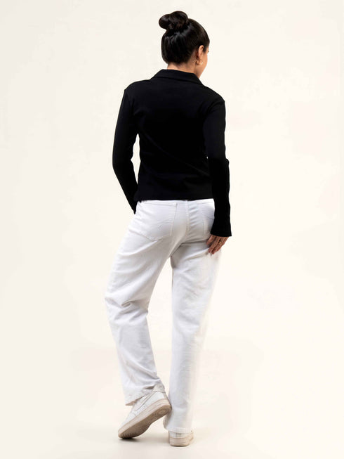 Rib Cotton Full Sleeve Top with Collar