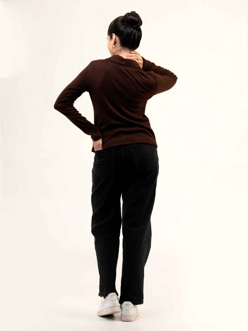 Rib Cotton Full Sleeve Top with Collar