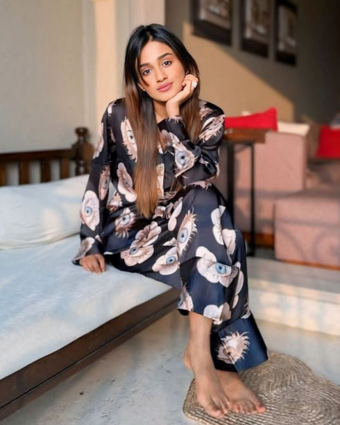 Printed Satin 2 Piece Night Co-ord Set – Soft & Stylish Sleepwear