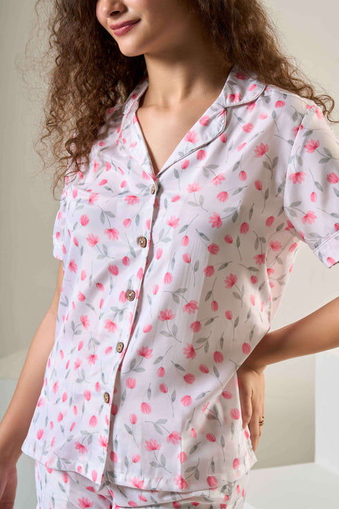 Women Satin Floral Printed Night Suit