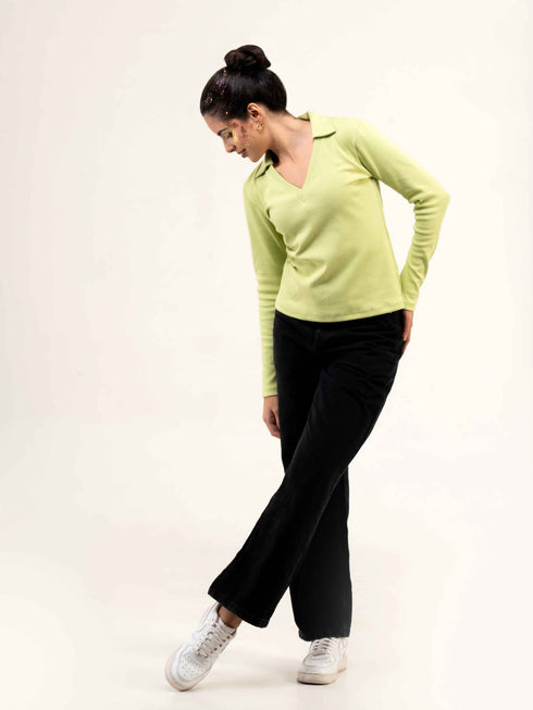 Rib Cotton Full Sleeve Top with Collar