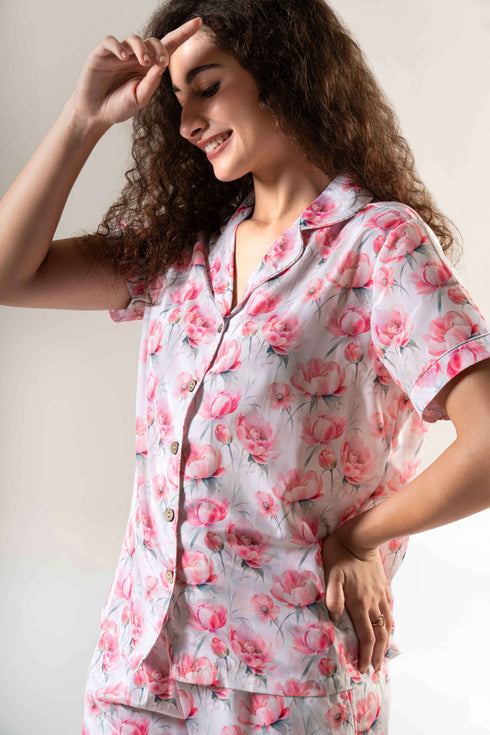 Women Satin Floral Printed Night Suit