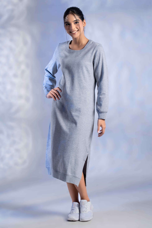 Women's Knitted Cotton Woolen Rib-Cuff Straight Midi Dress