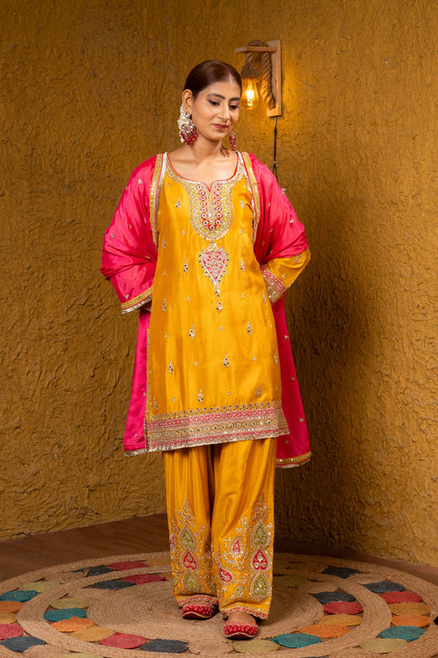 Silk Yellow Embroidered 3Pc Farsi Suit