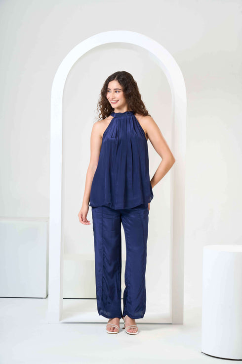 Halter Neck Satin Top with Flared Trousers Co-Ord Sets