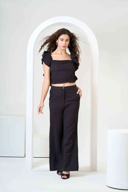 Frill Crop Top with Flared Trousers Co-Ord Sets