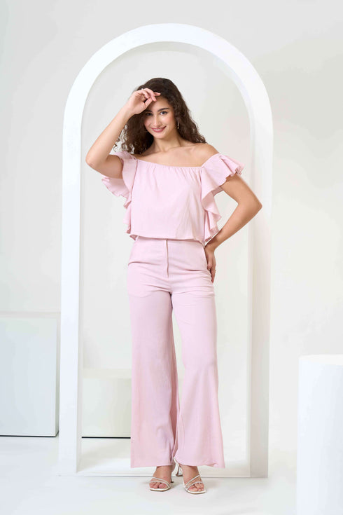 Frill Crop Top with Flared Trousers Co-Ord Sets