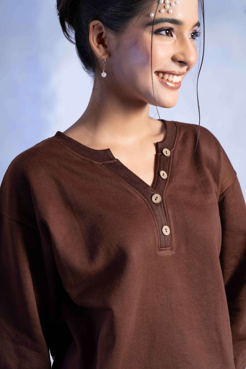 Women's Knitted Cotton Wool blend Henley Lounge Co-Ord Set