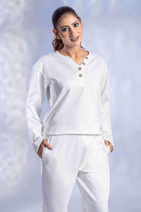 Women's Knitted Cotton Wool blend Henley Lounge Co-Ord Set