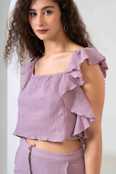 Frill Crop Top with Flared Trousers Co-Ord Sets