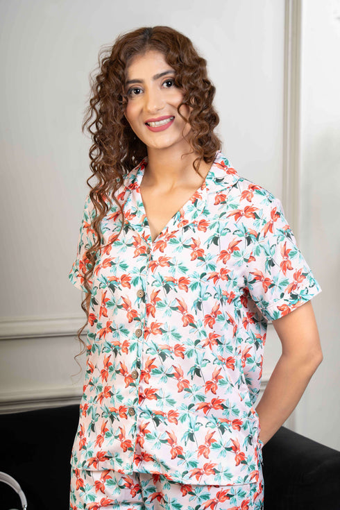 Women Satin Floral Printed Night Suit