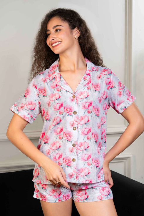 Women Satin Floral Printed Night Suit