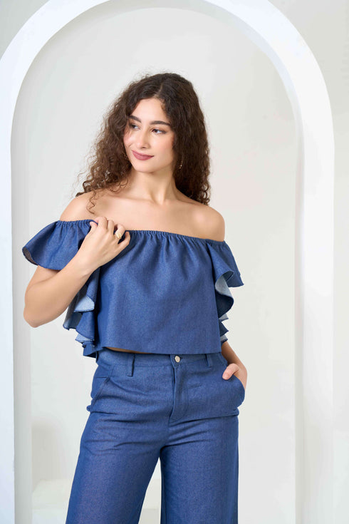 Frill Crop Top with Flared Trousers Co-Ord Sets