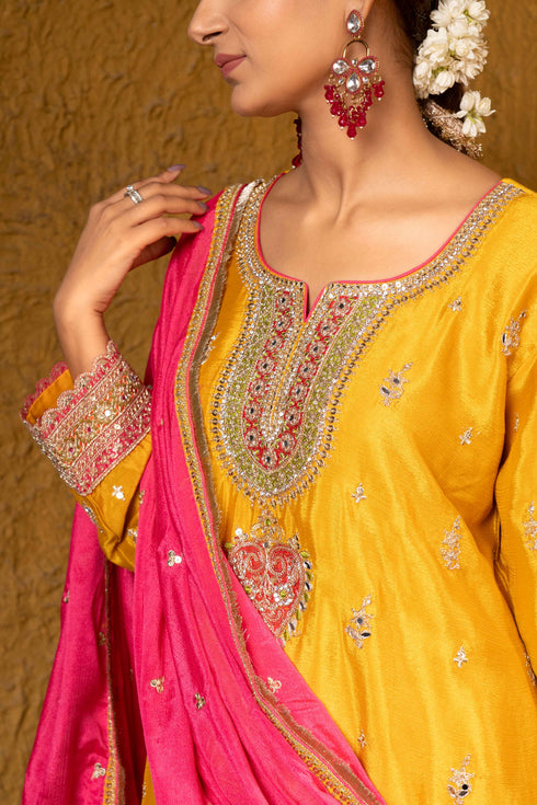 Silk Yellow Embroidered 3Pc Farsi Suit