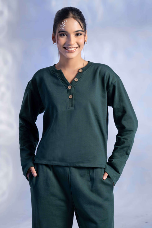 Women's Knitted Cotton Wool blend Henley Lounge Co-Ord Set
