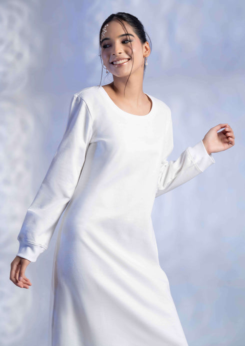 Women's Knitted Cotton Woolen Rib-Cuff Straight Midi Dress