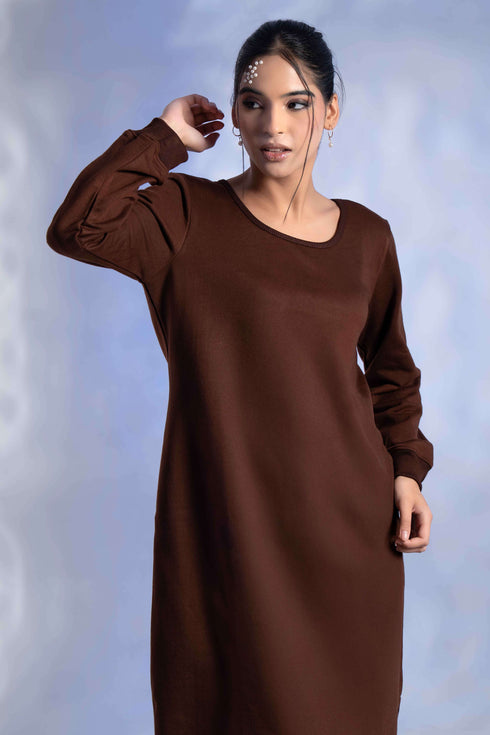 Women's Knitted Cotton Woolen Rib-Cuff Straight Midi Dress