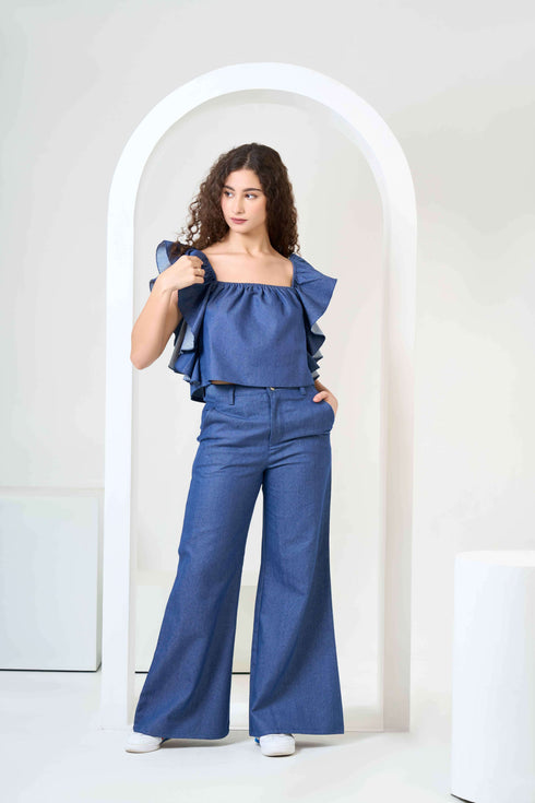 Frill Crop Top with Flared Trousers Co-Ord Sets