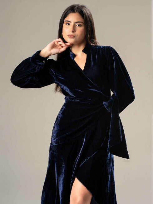 Velvet Blue Wrap Dress