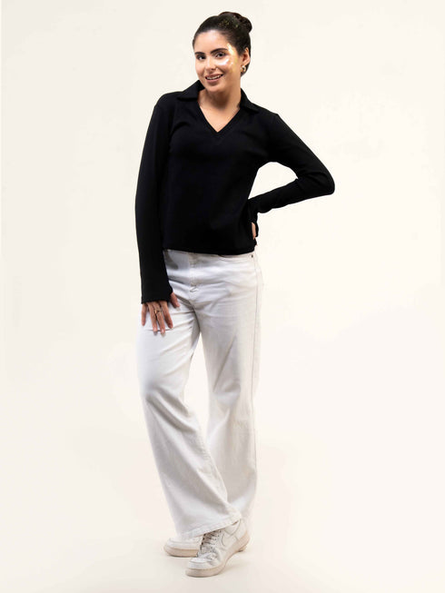 Rib Cotton Full Sleeve Top with Collar