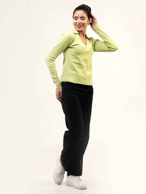 Rib Cotton Full Sleeve Top with Collar