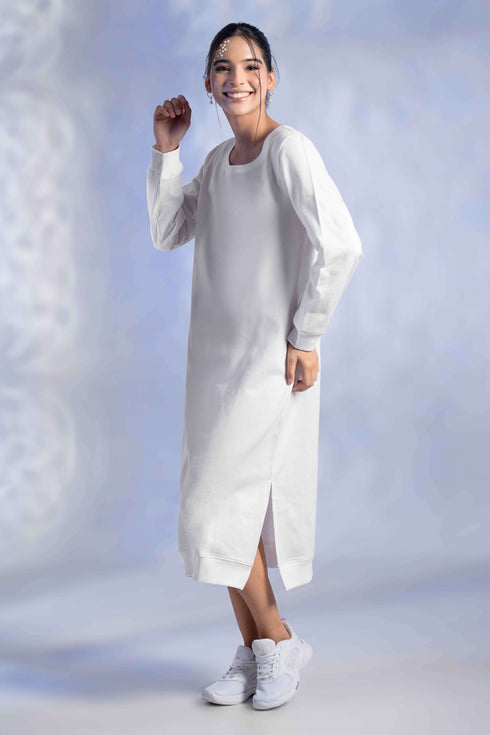 Women's Knitted Cotton Woolen Rib-Cuff Straight Midi Dress