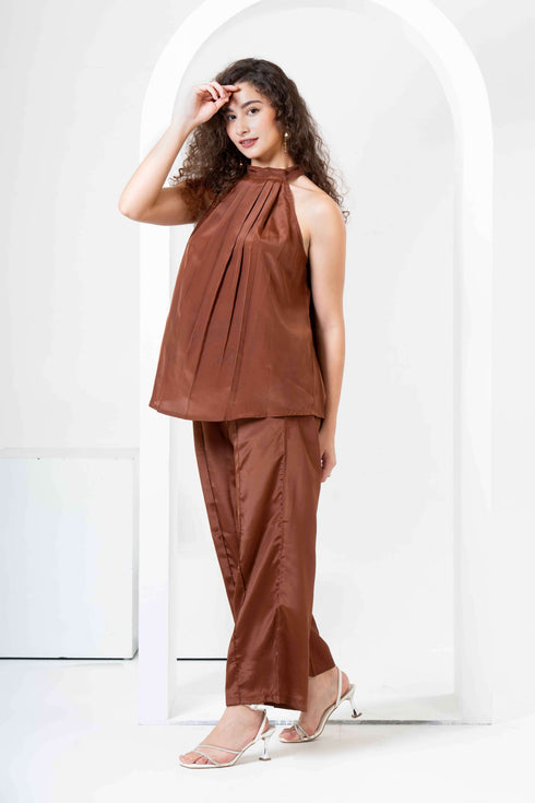 Halter Neck Satin Top with Flared Trousers Co-Ord Sets