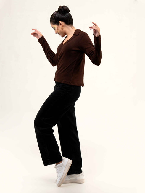 Rib Cotton Full Sleeve Top with Collar