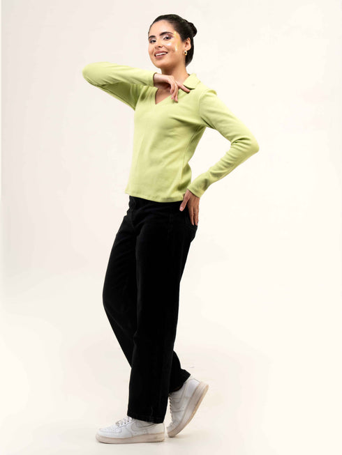 Rib Cotton Full Sleeve Top with Collar