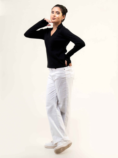 Rib Cotton Full Sleeve Top with Collar