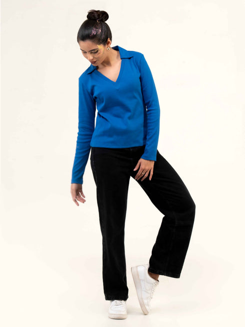 Rib Cotton Full Sleeve Top with Collar