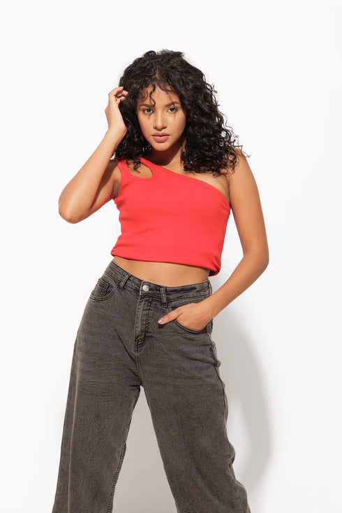 One shoulder Ribbed Red Crop Top