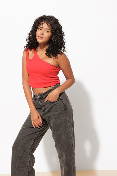 One shoulder Ribbed Red Crop Top