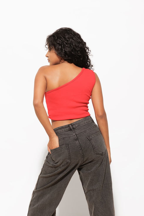One shoulder Ribbed Red Crop Top