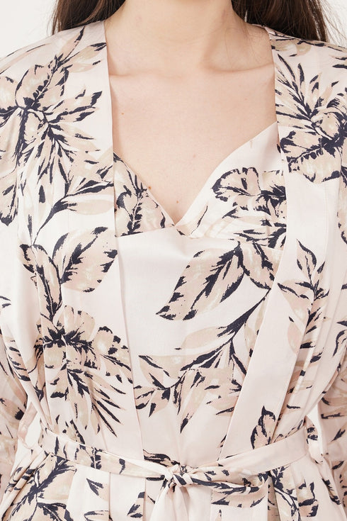 Satin Cowl Neck Drawstring With Robe Midi Dress