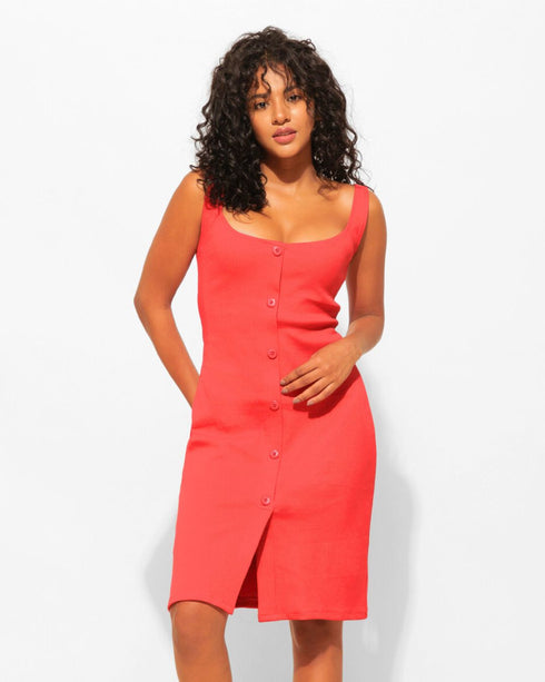 Buttoned Knit Bodycon Midi Dress